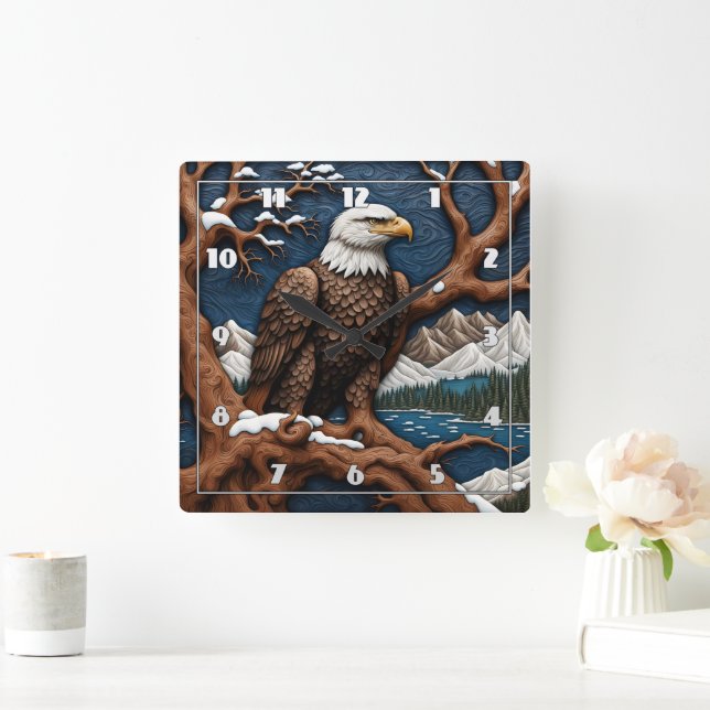 Majestic Bald Eagle Perched in Winter Landscape Square Wall Clock (Home)