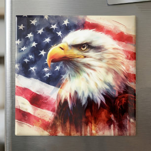 Majestic Bald Eagle Portrait with American Flag Magnet