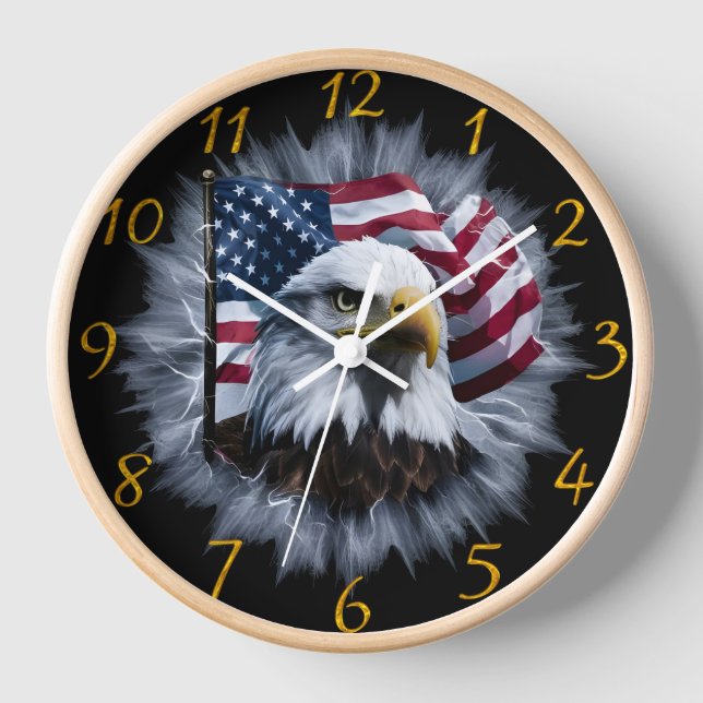 Majestic Bald Eagle Soaring With American Flag Clock (Front)
