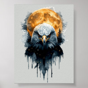 Majestic Bald Eagle Watercolor Moon Wildlife Art Poster