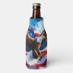 Majestic Bald Eagle with American Flag Bottle Cooler