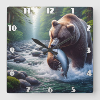 Majestic Bear Catch Square Wall Clock