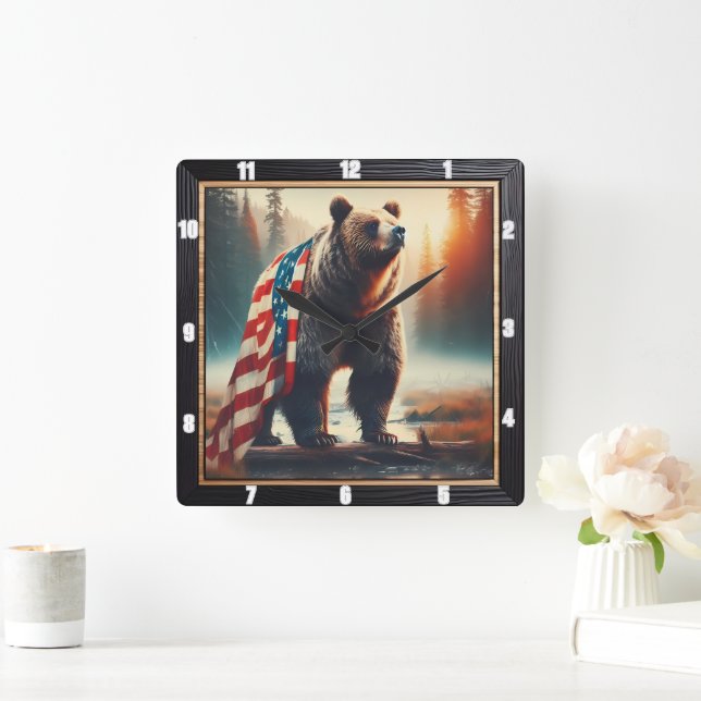 Majestic Bear Patriotic Forest  Square Wall Clock (Home)
