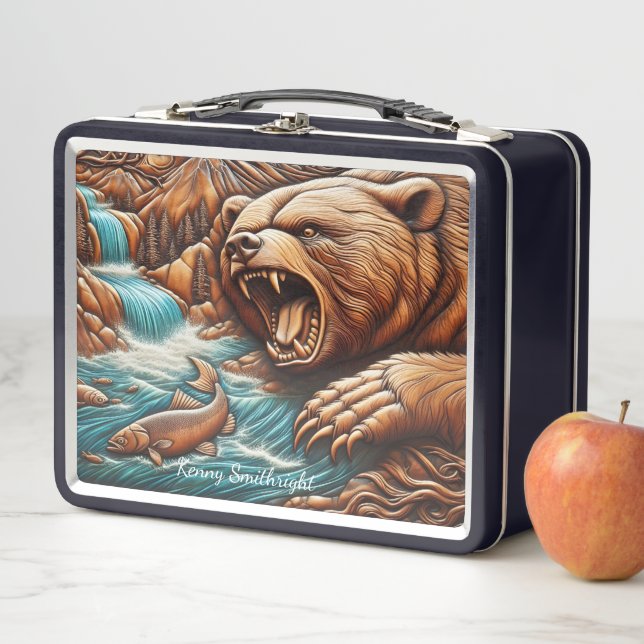 Majestic Bear Standing Against Rushing Waters Metal Lunch Box (In Situ)