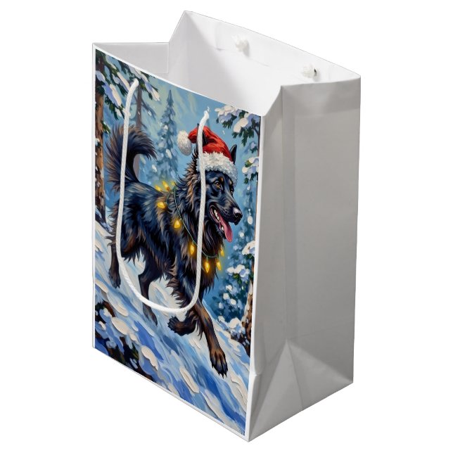 Majestic Belgian Shepherd Snow Forest Christmas Medium Gift Bag (Front Angled)
