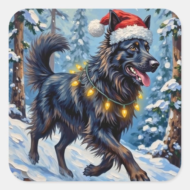 Majestic Belgian Shepherd Snow Forest Christmas Square Sticker (Front)