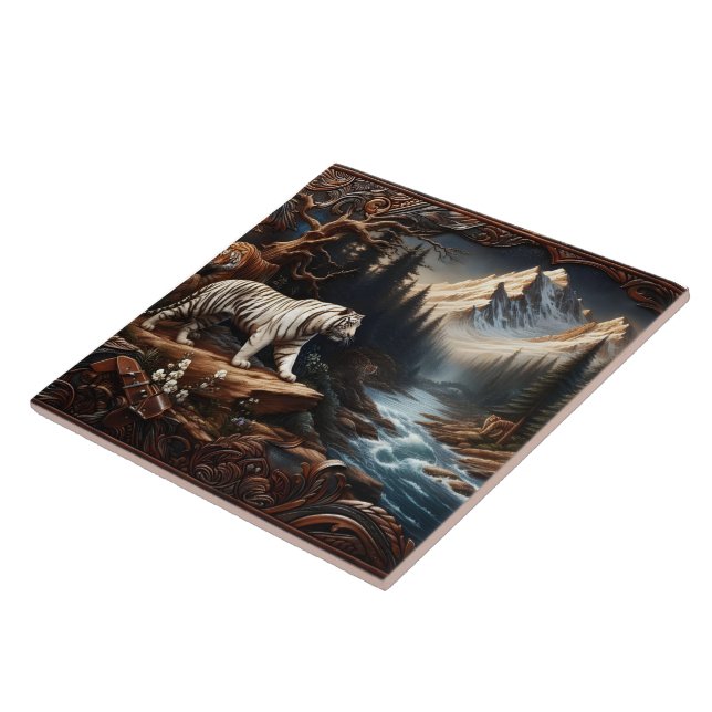 Majestic Bengal Tigers in Mountain Landscape Ceramic Tile (Side)