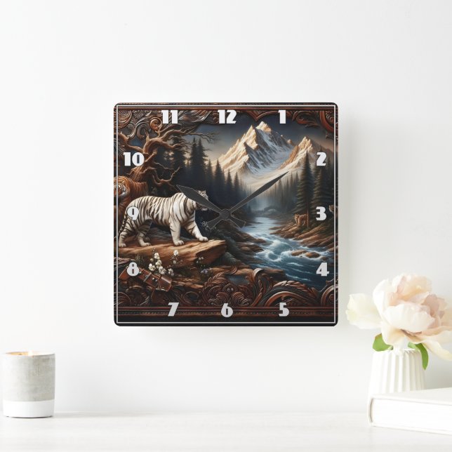 Majestic Bengal Tigers in Mountain Landscape Square Wall Clock (Home)
