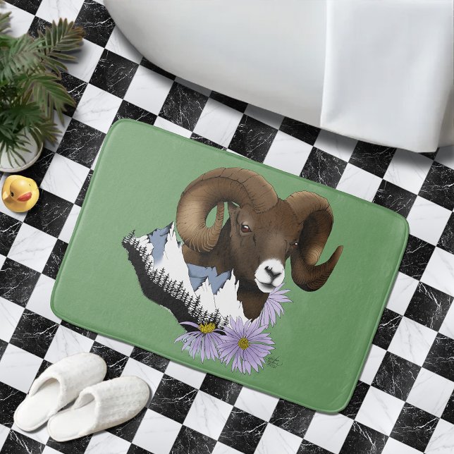 Majestic Bighorn Brown Sheep Ram Green Mountains  Bath Mat (Creator Uploaded)