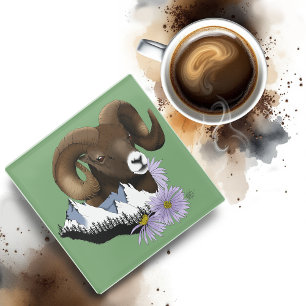 Majestic Bighorn Brown Sheep Ram Green Mountains Glass Coaster