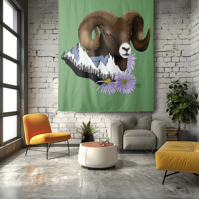 Majestic Bighorn Brown Sheep Ram Green Mountains  Tapestry (Creator Uploaded)