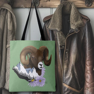 Majestic Bighorn Brown Sheep Ram Green Mountains  Tote Bag