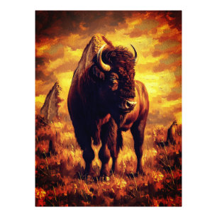 Majestic Bison Oil Painting – Wild Prairie Sunset Photo Print