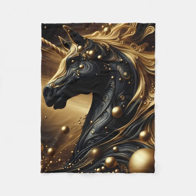 Majestic Black and Gold Unicorn Design Fleece Blanket (Front)