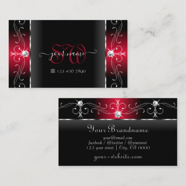 Majestic Black and Red Squiggled Jewels Monogram Business Card (Front/Back)