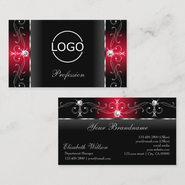 Majestic Black and Red Squiggled Jewels with Logo Business Card (Front/Back)