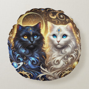 Majestic Black and White Cats  Round Cushion