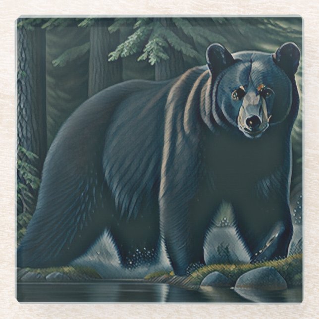 Majestic Black Bear Of The North Woods Glass Coaster (Front)
