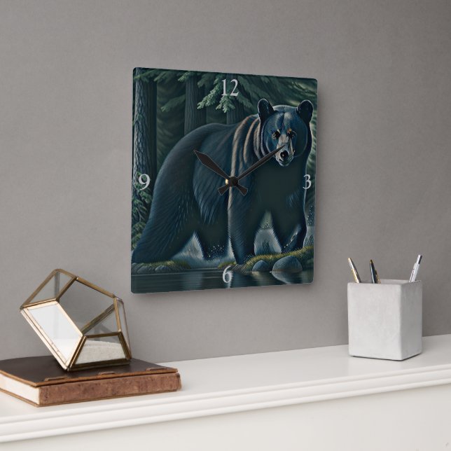 Majestic Black Bear Of The North Woods Square Wall Clock (Office)