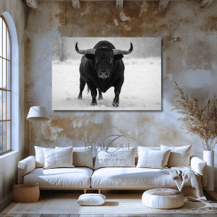 Majestic Black Bull in Winter Snow Field Poster