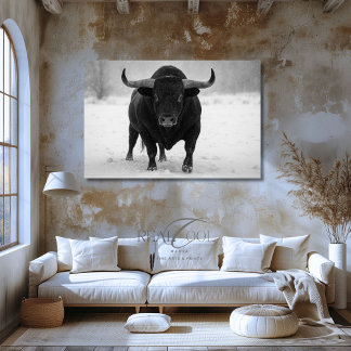 Majestic Black Bull in Winter Snow Field Poster