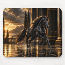 Majestic Black Friesian Horse at Golden Sunset
