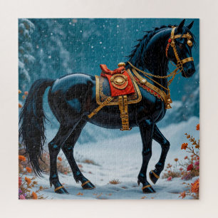Majestic Black Horse Adorned in Gold Harness Jigsaw Puzzle
