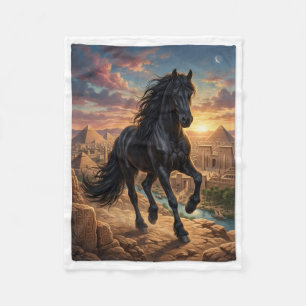 Majestic Black Horse Desert Sunset Pyramids Fleece Blanket