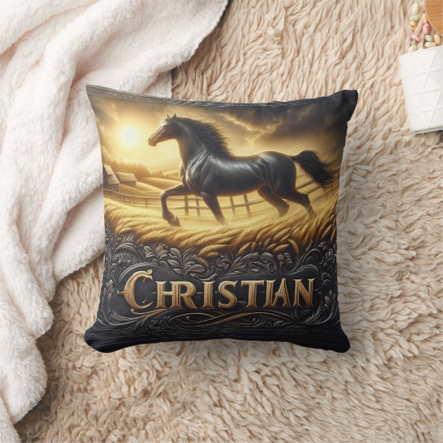 Majestic Black Horse Galloping at Sunrise Cushion (Blanket)