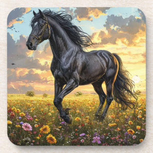 Majestic Black Horse Galloping Through a Vibrant F Coaster