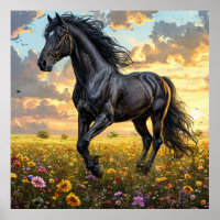Majestic Black Horse Galloping Through a Vibrant F