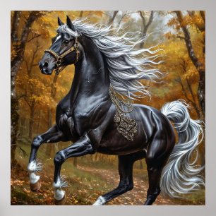 Majestic Black Horse in an Autumn Forest Poster