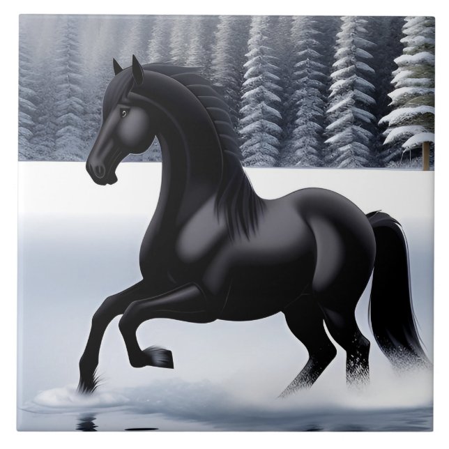 Majestic Black Horse Prancing on a Snowy Surface Ceramic Tile (Front)