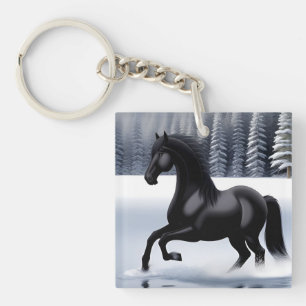 Majestic Black Horse Prancing on a Snowy Surface Key Ring