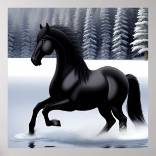 Majestic Black Horse Prancing on a Snowy Surface Poster