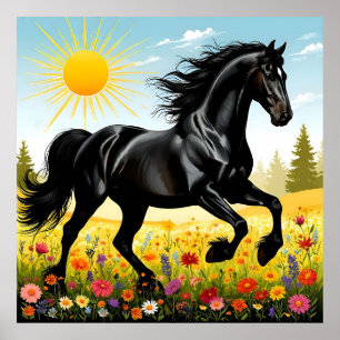 Majestic Black Horse Running Poster