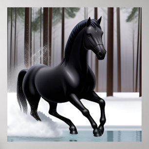 Majestic Black Horse Running Through a Snowy Winte Poster