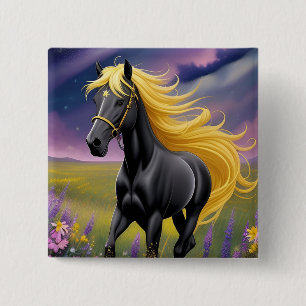 Majestic Black Horse with Flowing Golden Mane 15 Cm Square Badge