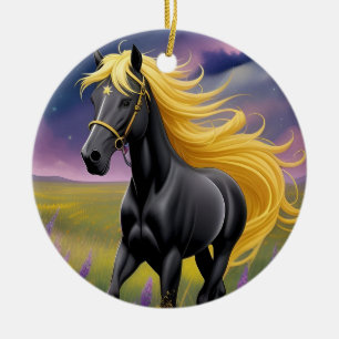 Majestic Black Horse with Flowing Golden Mane Ceramic Ornament