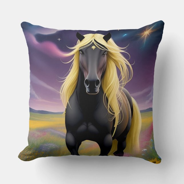 Majestic Black Horse with Flowing Golden Mane Cushion (Front)