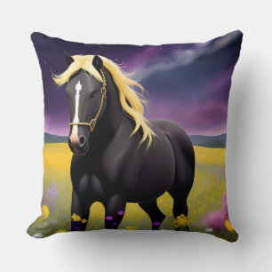 Majestic Black Horse with Flowing Golden Mane Cushion