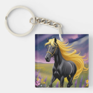 Majestic Black Horse with Flowing Golden Mane Key Ring