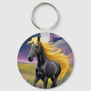 Majestic Black Horse with Flowing Golden Mane Key Ring