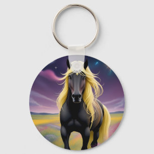 Majestic Black Horse with Flowing Golden Mane Key Ring