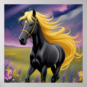 Majestic Black Horse with Flowing Golden Mane Poster
