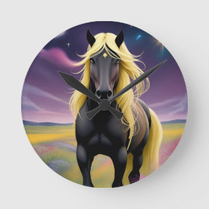 Majestic Black Horse with Flowing Golden Mane Round Clock