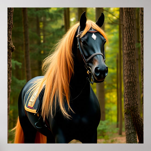 Majestic Black Horse with Flowing Mane Poster (Front)
