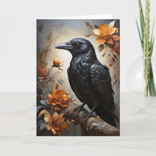 Majestic Black Raven Portrait Trees Moon Blank Card (Front)