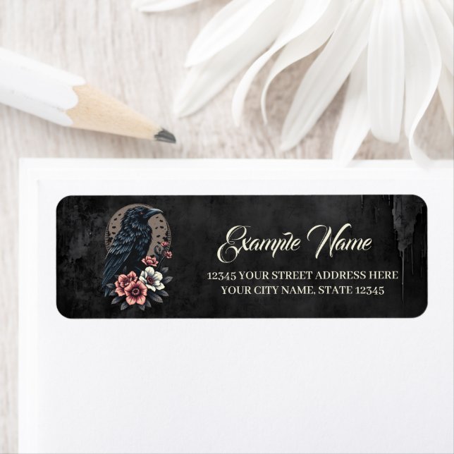 Majestic black raven return address label (Insitu)