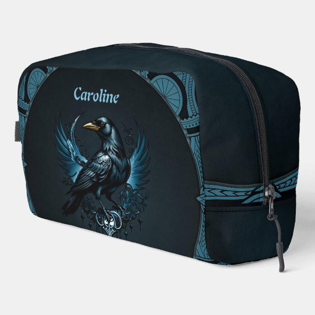 Majestic black raven sitting on an ornate dopp kit (Right Corner)